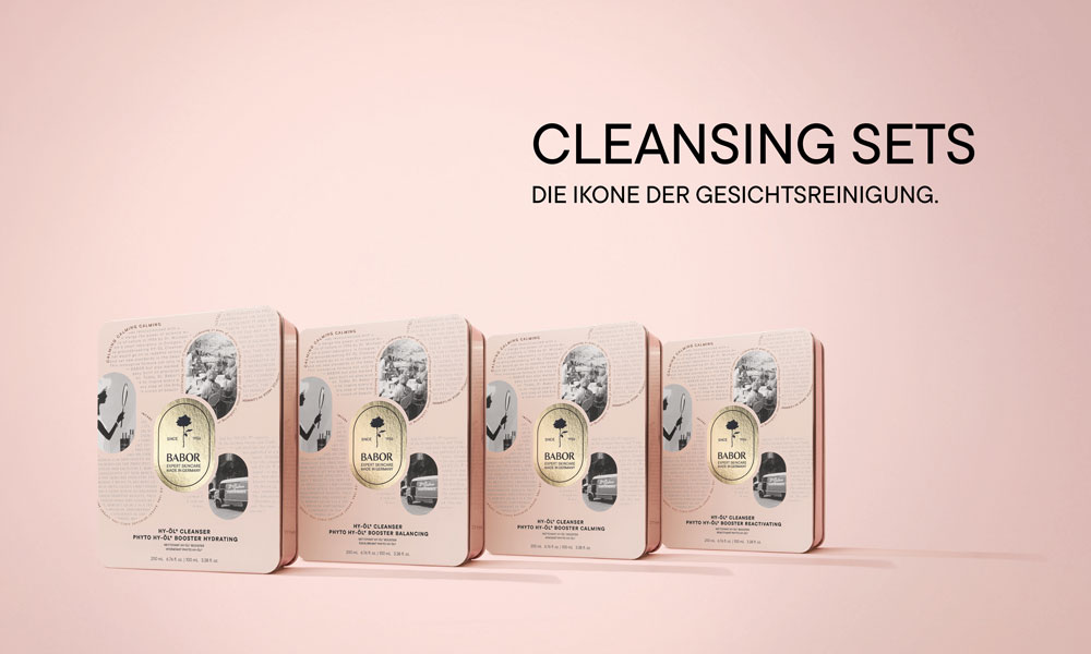 Vier BABOR HY-ÖL Cleansing Sets in Dosen mit dem Schriftzug Cleansing Sets, die Ikone der Gesichtsreinigung